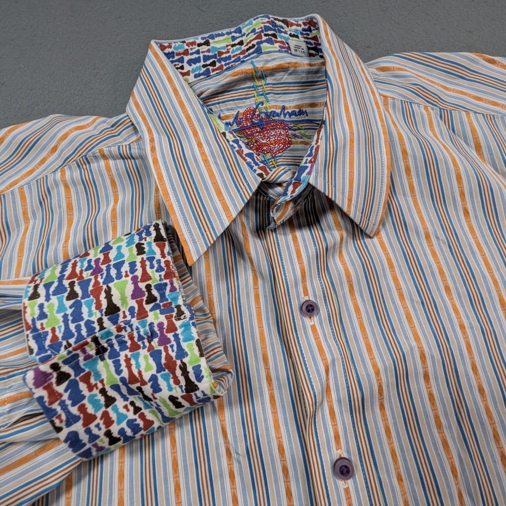 Robert Graham Button Down Shirt Mens XL Striped Chess Pattern Flip Cuffs